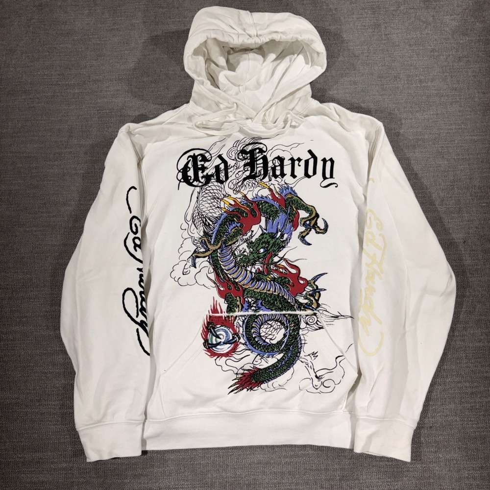 Ed Hardy Graphic Hoodie Mens Large White Excellent Dragon Tattoo Y2K Streetwear